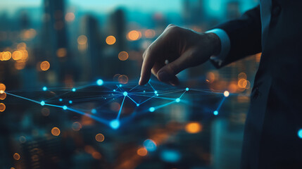 Abstract business man stands on the peak of success amid tall, innovative Smart city and graphs with statistics to analyze business potential and predict future developments in company growth.