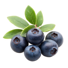 Obraz premium Freshly picked blueberries with green leaves on a white background showcasing vibrant color and texture