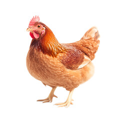 Fototapeta premium Chicken standing on a white background, showcasing its vibrant feathers and distinctive features