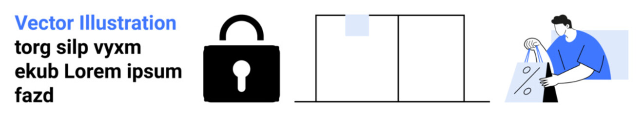 Padlock representing security, three boxes linking to steps or storage, person organizing documents. Ideal for cybersecurity, data protection, secure transactions, privacy, encryption, digital