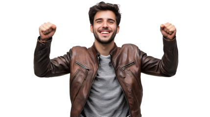 Man wearing a leather jacket doing victory gesture on transparent background