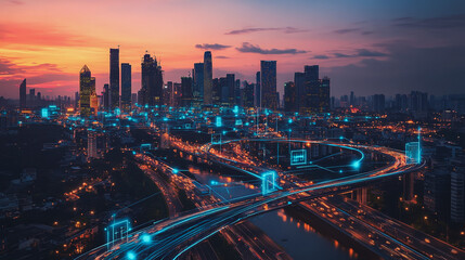 Fototapeta premium Abstract business man stands on the peak of success amid tall, innovative Smart city and graphs with statistics to analyze business potential and predict future developments in company growth.