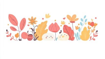 Cute cartoon autumn flowers, leaves, and acorns illustration.