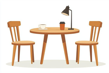 Fototapeta premium Cozy table setting: two wooden chairs, round table, coffee, and a desk lamp.