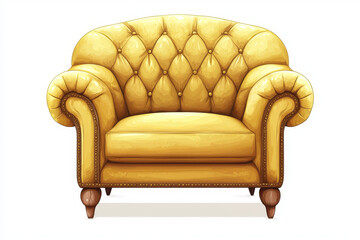 Golden Chesterfield armchair: Elegant tufted leather, curved arms, wooden legs.