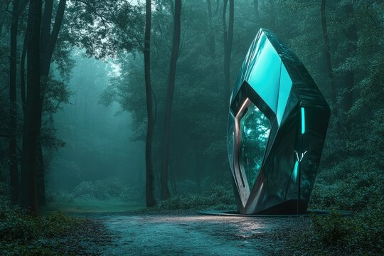 Futuristic, teal-lit structure stands mysteriously in a misty forest, enigmatic and serene.