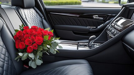 Red roses elegantly placed on the armrest of a car, perfect for expressing love on Valentine's Day during a special evening