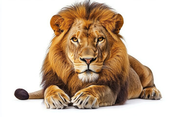 Fototapeta premium Majestic male lion, golden mane, intense gaze, lying down.