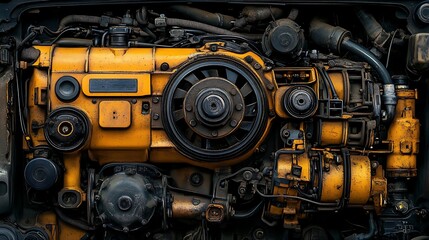 Fototapeta premium Close-up view of a dirty and worn yellow engine