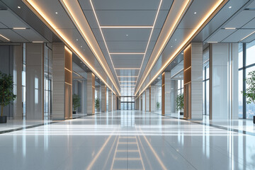 Modern, bright hallway with sleek design and floor-to-ceiling windows.