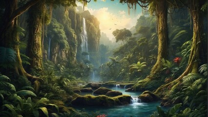 Fototapeta premium Beautiful rays of sun in exotic forest