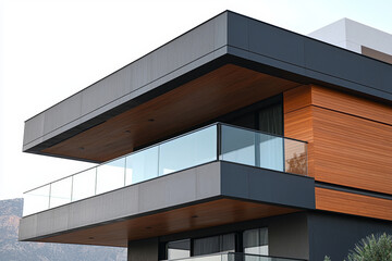 Obraz premium Modern building's glass balcony, dark grey and wood exterior.