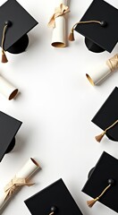 Many graduation hats and diplomas laid out in a circle