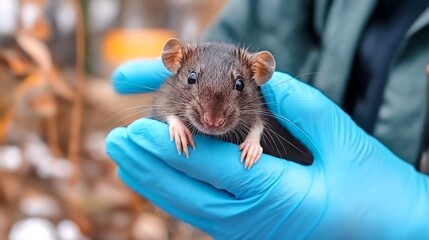 A person wearing blue gloves is holding a small brown rat with their hand.