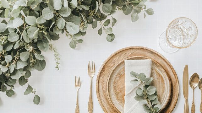 a table setting with gold and white plates, silverware and a gre