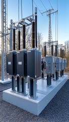 High-Voltage Power Substation Under a Clear Blue Sky, Industrial Electrical Infrastructure