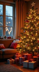 Arafed christmas tree with presents and a lit up tree in the background