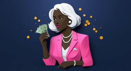 Woman in a pink suit holding a stack of money