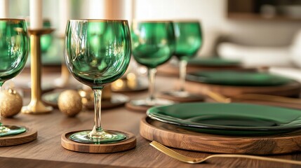 green wine glasses on a table with gold plates