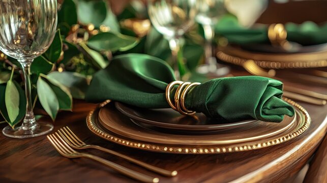 a table setting with green napkins and gold napkin rings
