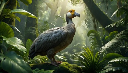 Obraz premium Majestic Grey Bird in Lush Tropical Rainforest: Serene Nature Painting