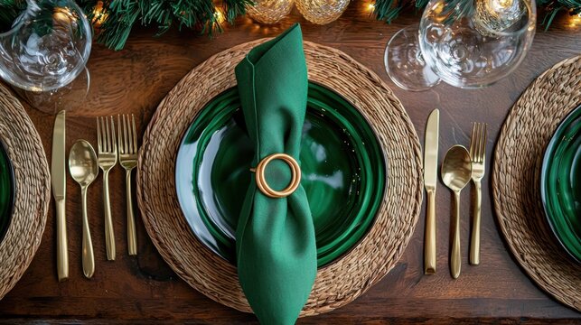 a table setting with green plates and gold napkins