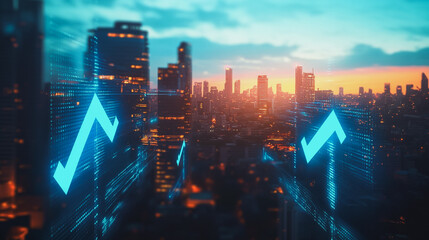 Abstract business man stands on the peak of success amid tall, innovative Smart city and graphs with statistics to analyze business potential and predict future developments in company growth.