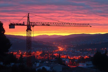 Construction Crane Silhouetted Against Vibrant Sunset Over Cityscape