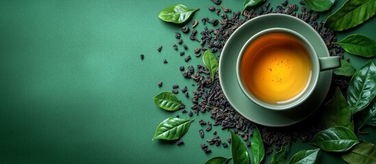 Relaxing flat-lay of green tea surrounded by fresh leaves and tea leaves. Generative AI