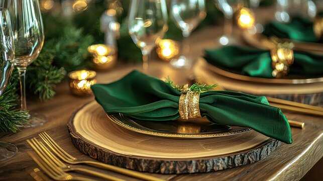a table with green napkins and gold napkin rings