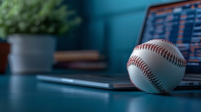  Baseball on Desk with Laptop in Sports Analytics or Online Betting Concept