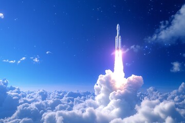 Rocket launch above clouds, starry night sky; space exploration, science