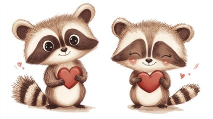 Obraz premium Two cute cartoon raccoons holding red hearts.