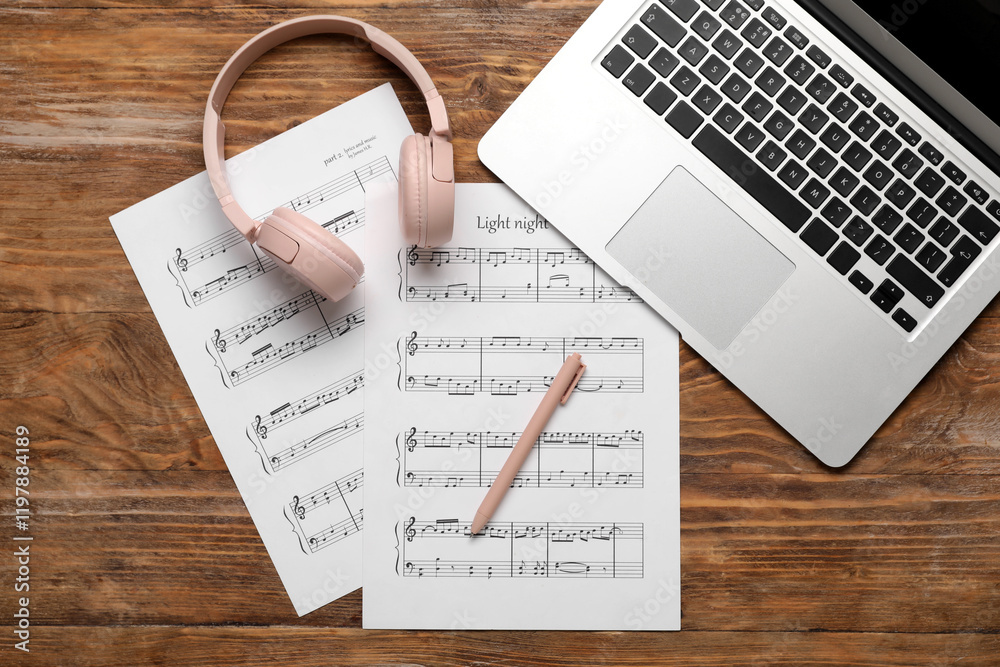 Wall mural Music sheets with laptop and headphones on wooden background