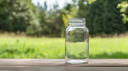 Empty glass bottle on wooden surface outdoors.