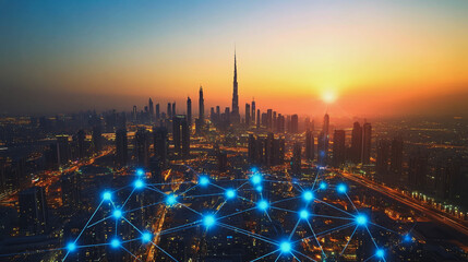 Fototapeta premium Abstract business man stands on the peak of success amid tall, innovative Smart city and graphs with statistics to analyze business potential and predict future developments in company growth.