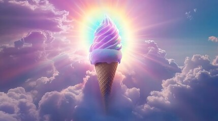 A glowing ice cream cone radiating a rainbow aura in a cloudy dreamscape 