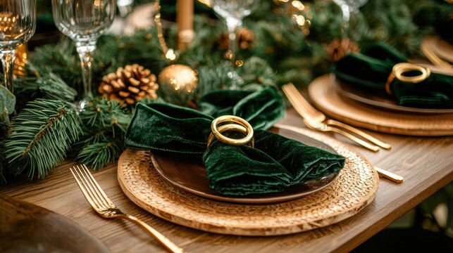 a table setting with green napkins and gold rings - Powered by Adobe