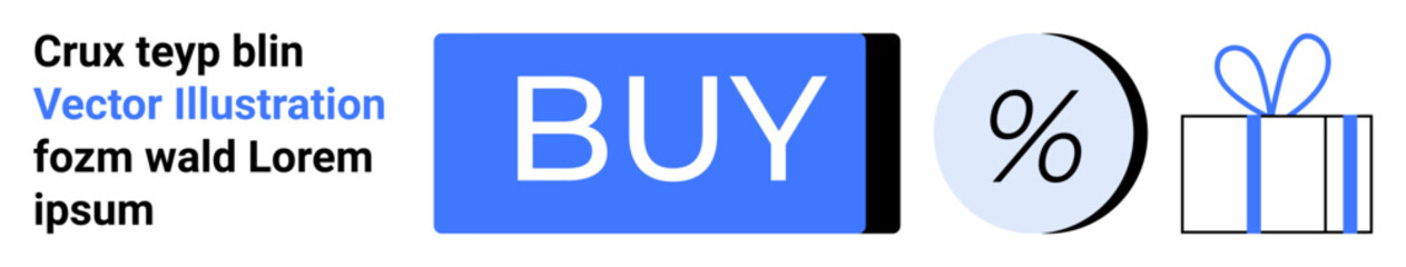 Bold BUY button in vibrant blue accompanied by discount percentage symbol and wrapped gift. Ideal for e-commerce, retail, sales promotion, special offers, online shopping, digital marketing, web