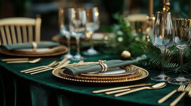a table setting with gold and green tableware - Powered by Adobe