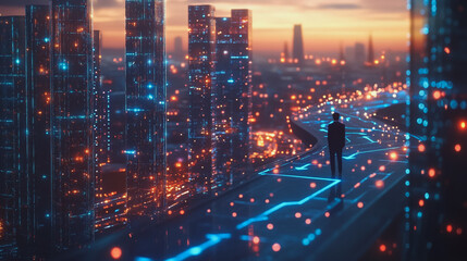 Fototapeta premium Abstract business man stands on the peak of success amid tall, innovative Smart city and graphs with statistics to analyze business potential and predict future developments in company growth.