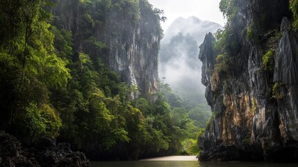 Misty river gorge, Thailand, boat tour, tropical jungle