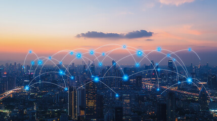 Abstract business man stands on the peak of success amid tall, innovative Smart city and graphs with statistics to analyze business potential and predict future developments in company growth.