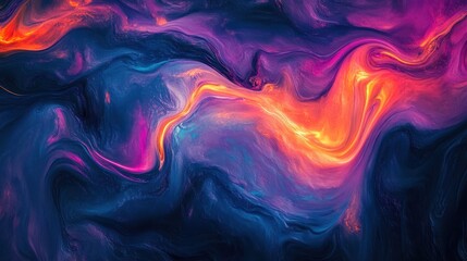 Fototapeta premium An abstract image featuring fluid, swirling waves with vibrant neon colors, including deep blues, purples and fiery oranges