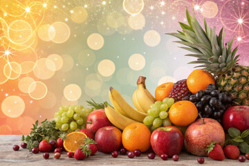 A Vibrant Multicolored Background With A Frame Of Fresh Fruits Including Apples, Bananas, Grapes, Oranges, And Pineapples, Soft Light Bokeh Effect, Perfect For Tropical Themes, Food Ads, Or Summer 