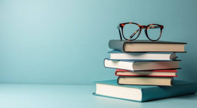 Books stacked on top of each other with glasses on top