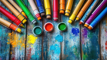 Vibrant Artist's Supplies on Rustic Wooden Background