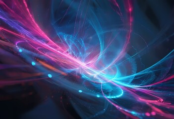 Obraz premium Quantum Light Fractals. A futuristic background featuring fractal light patterns in the form of quantum particles, shifting and pulsing in different shades of neon purple, blue, and pink.