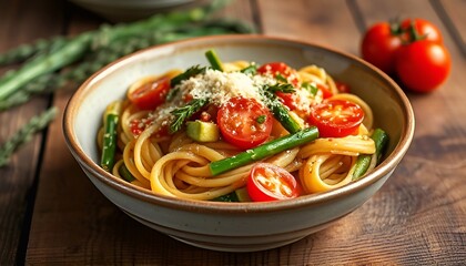 Italian pasta with asparagus, tomatoes and zucchini in a ceramic plate on an old wooden table - Generative AI