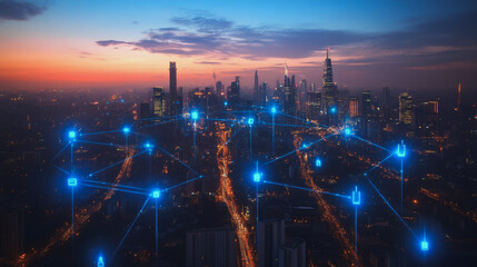 Obraz premium Abstract business man stands on the peak of success amid tall, innovative Smart city and graphs with statistics to analyze business potential and predict future developments in company growth.